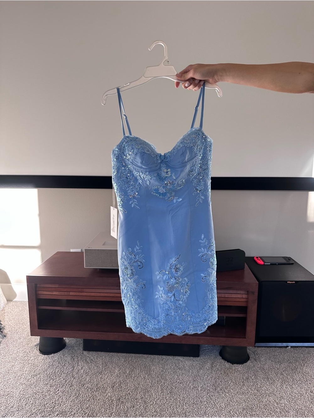 Elegant Light Blue Embroidered HOCO Dress with Spaghetti Straps